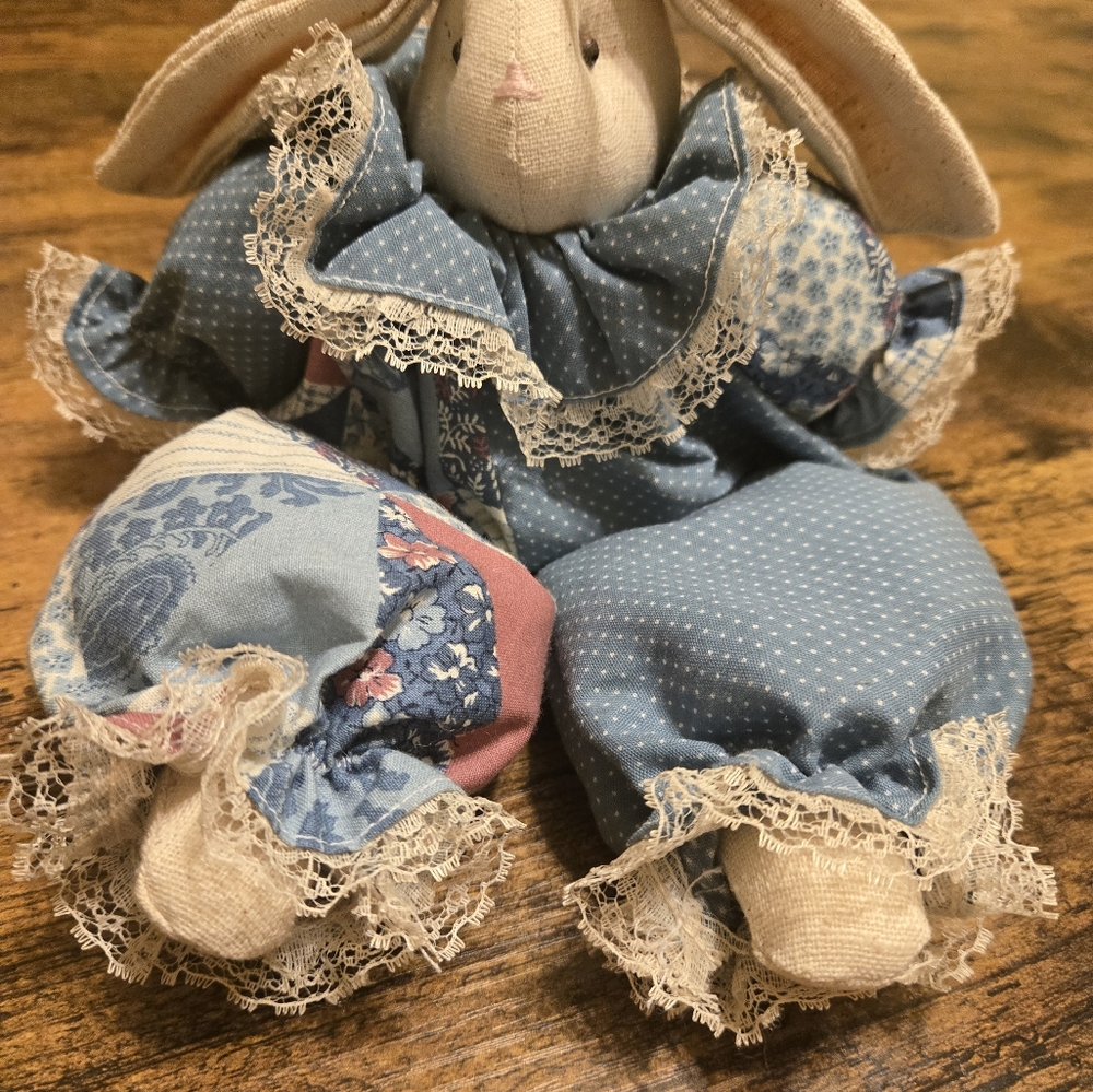 Vintage Handmade Rare Folk Art Stuffed Rabbit Rag Doll Shelf Sitter